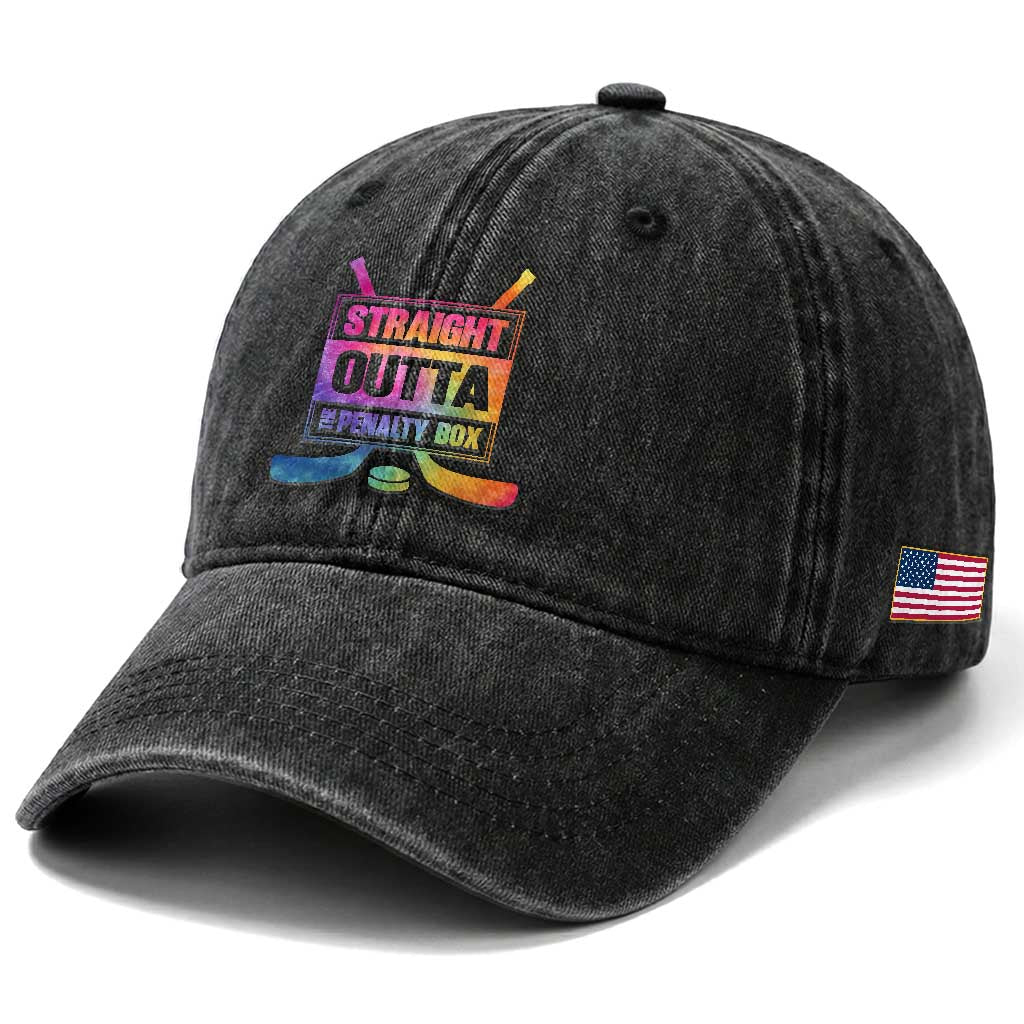 Straight Outta The Penalty Box Washed Cotton Baseball Cap Tie Dye Effect Hockey Player Gift