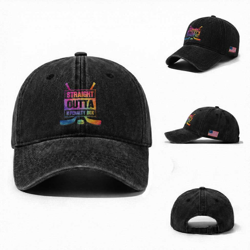 Straight Outta The Penalty Box Washed Cotton Baseball Cap Tie Dye Effect Hockey Player Gift