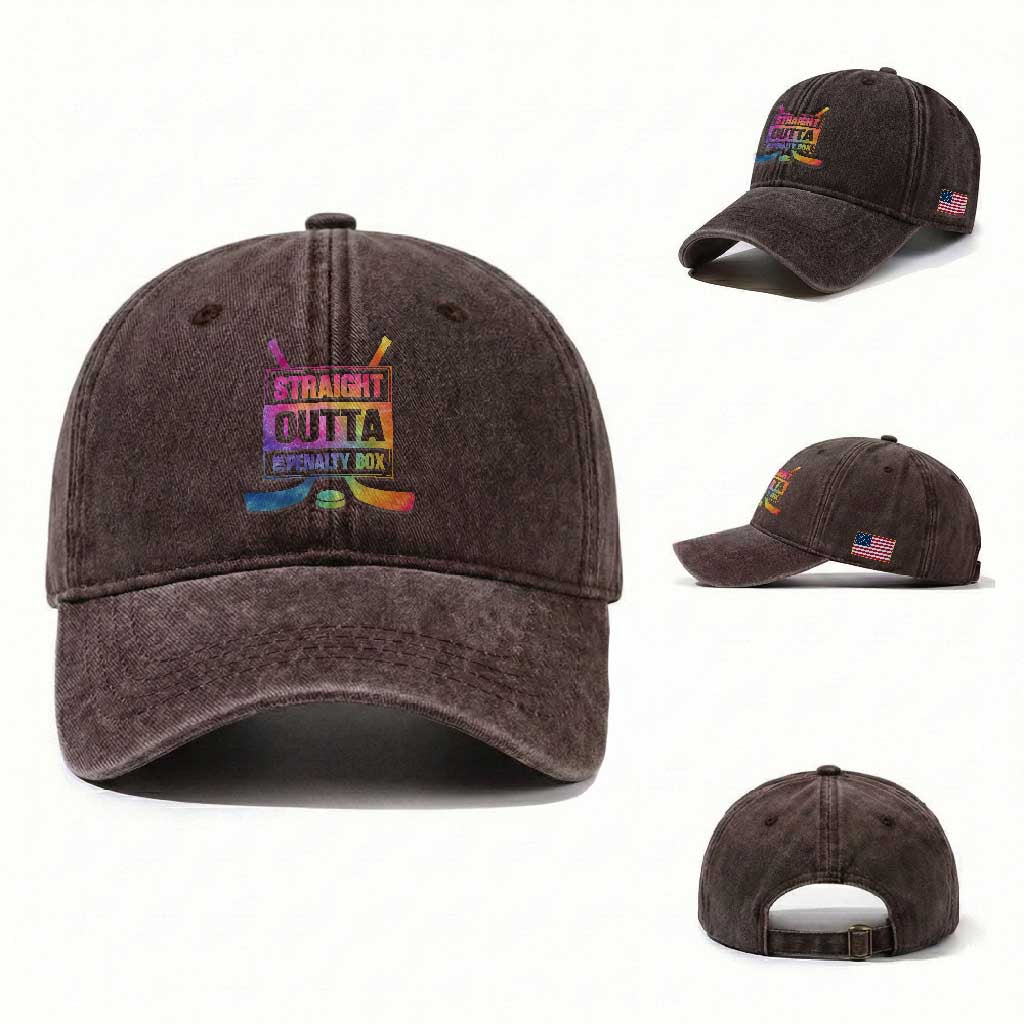Straight Outta The Penalty Box Washed Cotton Baseball Cap Tie Dye Effect Hockey Player Gift