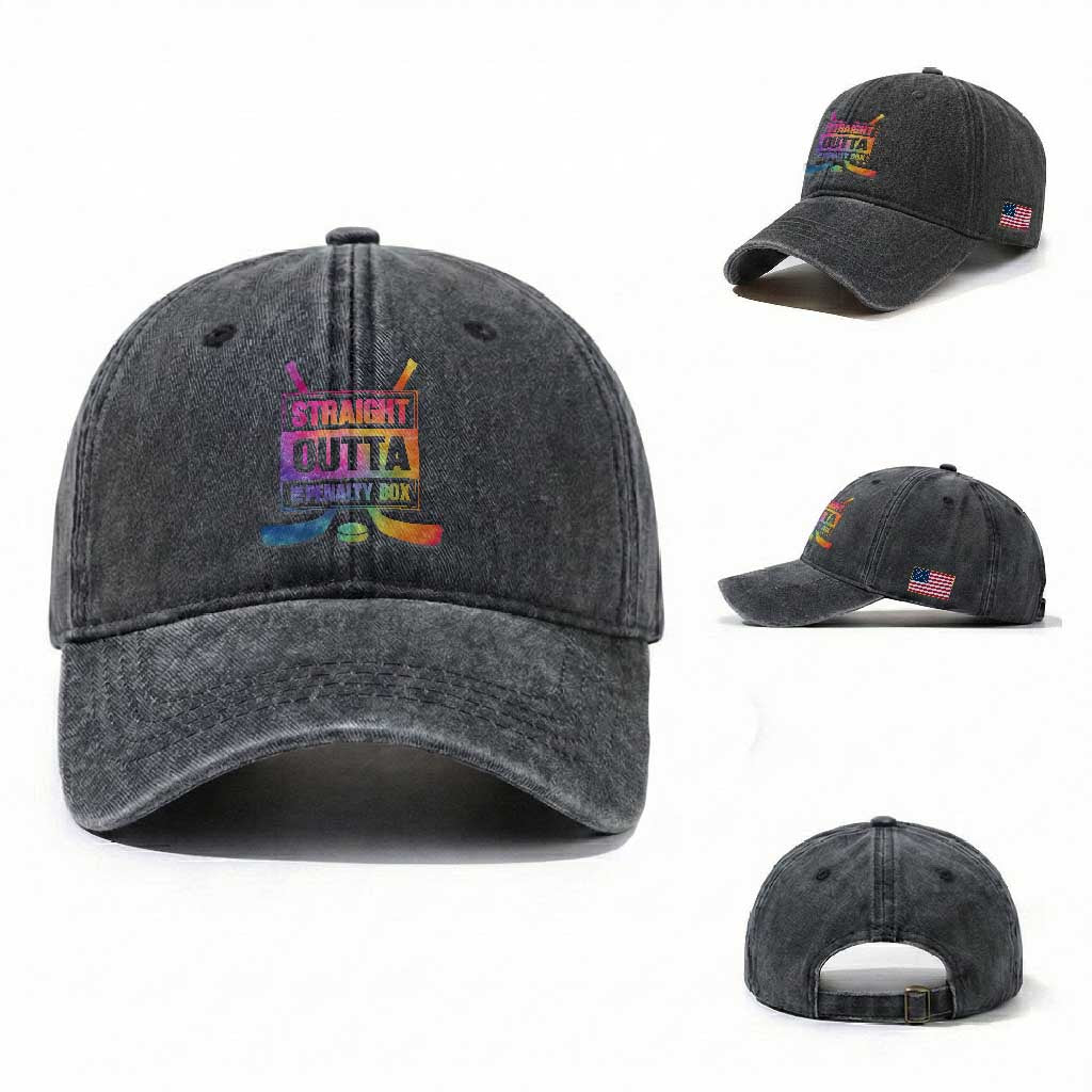 Straight Outta The Penalty Box Washed Cotton Baseball Cap Tie Dye Effect Hockey Player Gift