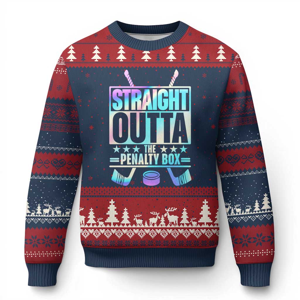 Straight Outta The Penalty Box Ugly Christmas Sweater Iridescent Effect Hockey Player Gift - Wonder Print Shop