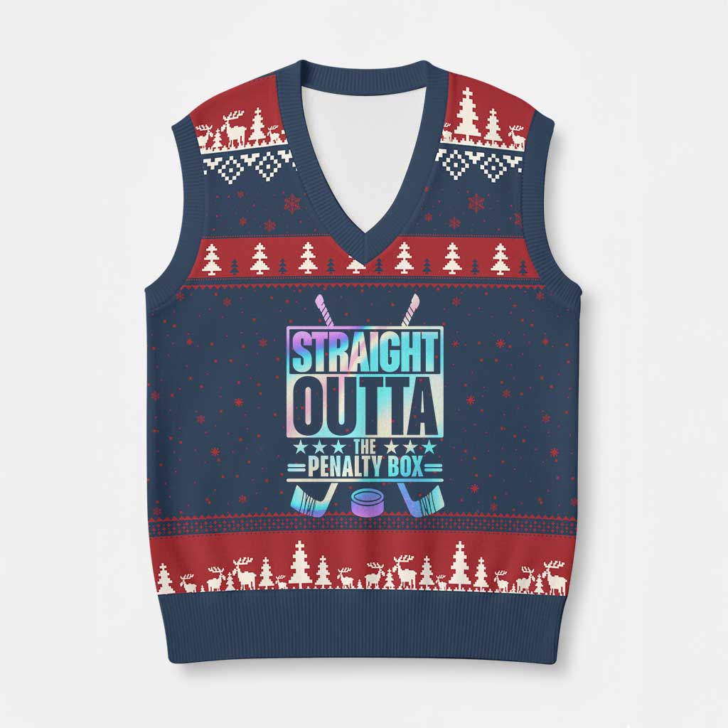 Straight Outta The Penalty Box V-Neck Knit Sweater Vest Iridescent Effect Hockey Player Gift - Wonder Print Shop