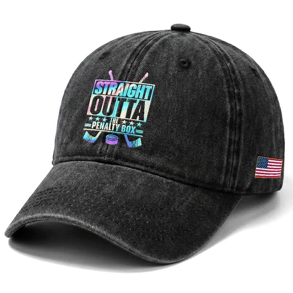Straight Outta The Penalty Box Washed Cotton Baseball Cap Iridescent Effect Hockey Player Gift