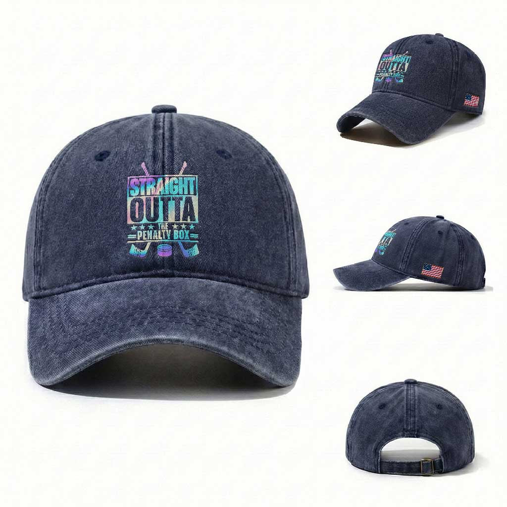 Straight Outta The Penalty Box Washed Cotton Baseball Cap Iridescent Effect Hockey Player Gift
