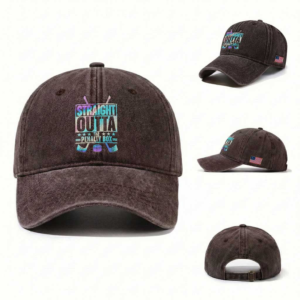 Straight Outta The Penalty Box Washed Cotton Baseball Cap Iridescent Effect Hockey Player Gift