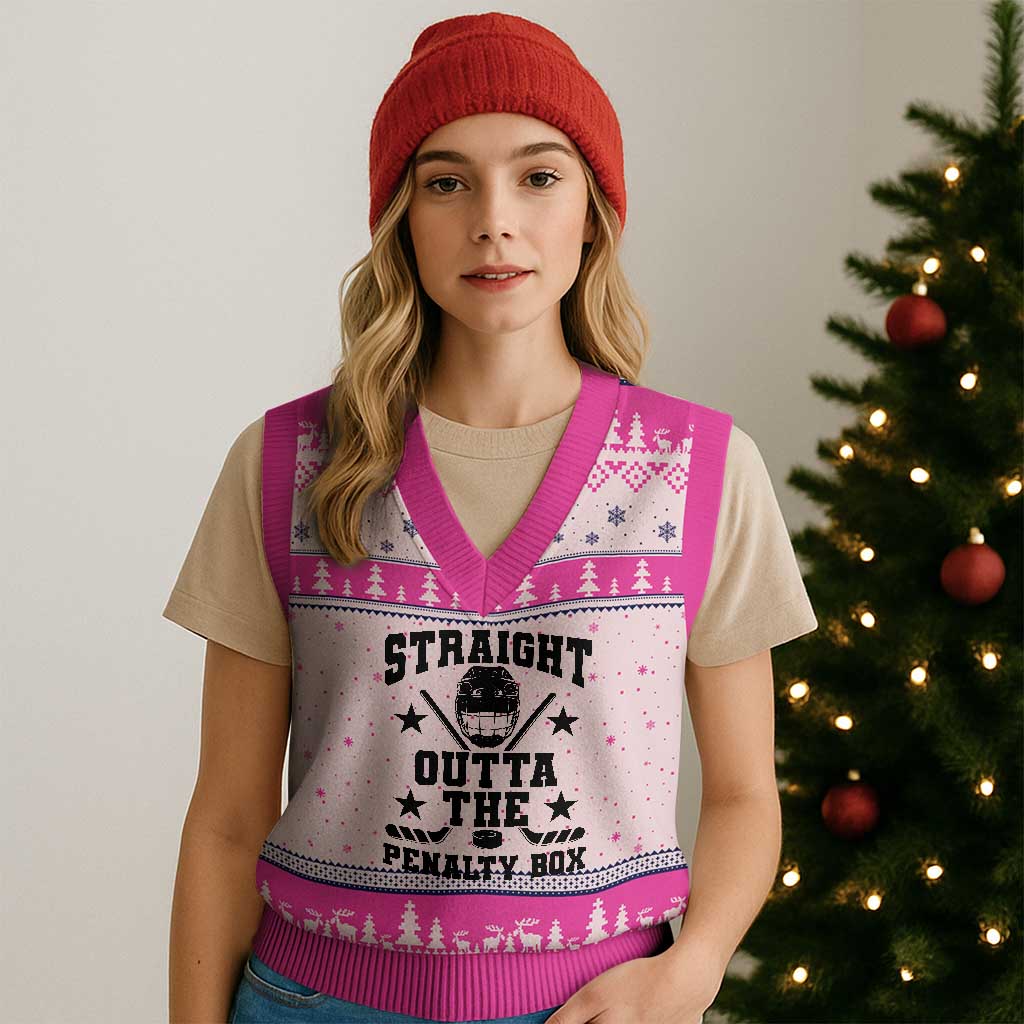 Straight Outta The Penalty Box V-Neck Knit Sweater Vest Funny Youth Ice Hockey Gift - Wonder Print Shop
