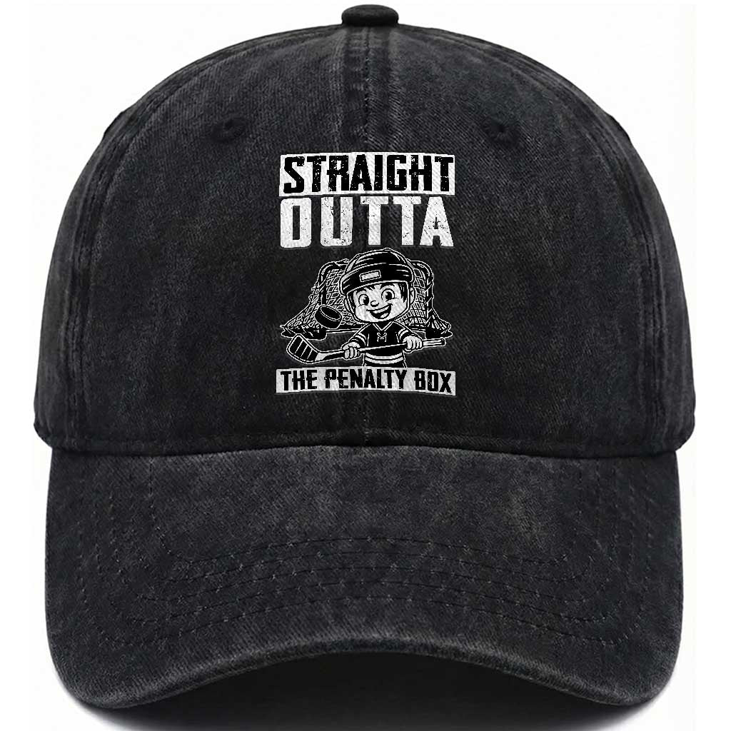 Straight Outta The Penalty Box Washed Cotton Baseball Cap Funny Hockey Gift For Boys