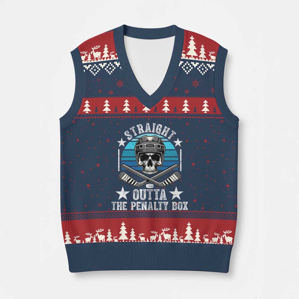 Straight Outta The Penalty Box Hockey V-Neck Knit Sweater Vest Funny Skull Player Gift - Wonder Print Shop