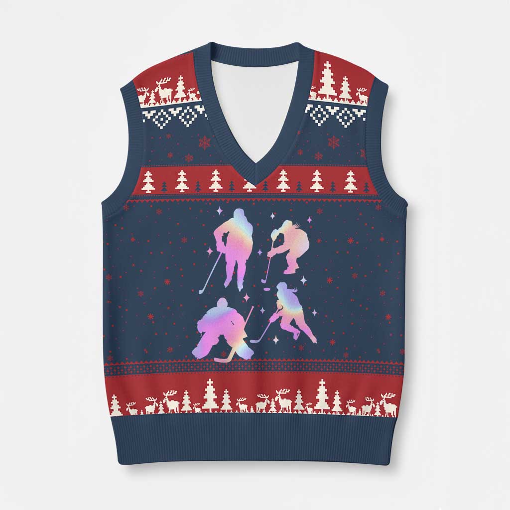 Iridescent Effect Hockey Players Retro Sport Lover Gift V-Neck Knit Sweater Vest - Wonder Print Shop