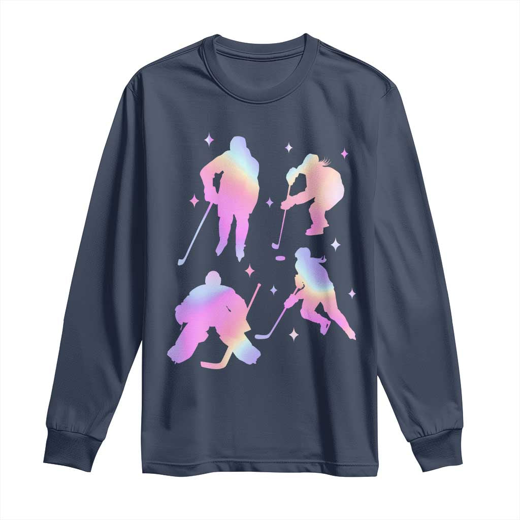 Iridescent Effect Hockey Players Retro Sport Lover Gift Long Sleeve Shirt - Wonder Print Shop