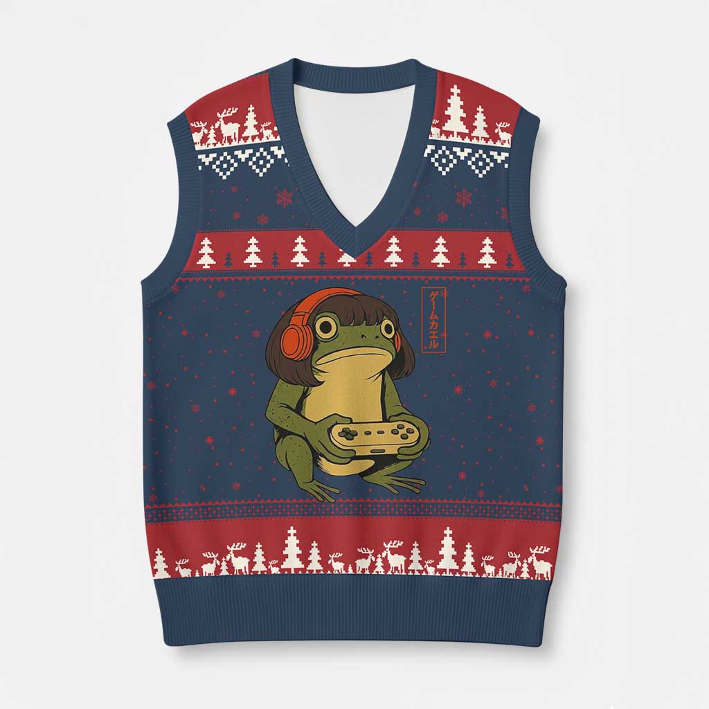 Funny Frog Bob Haircut Gamer Meme V-Neck Knit Sweater Vest Game Lover - Wonder Print Shop