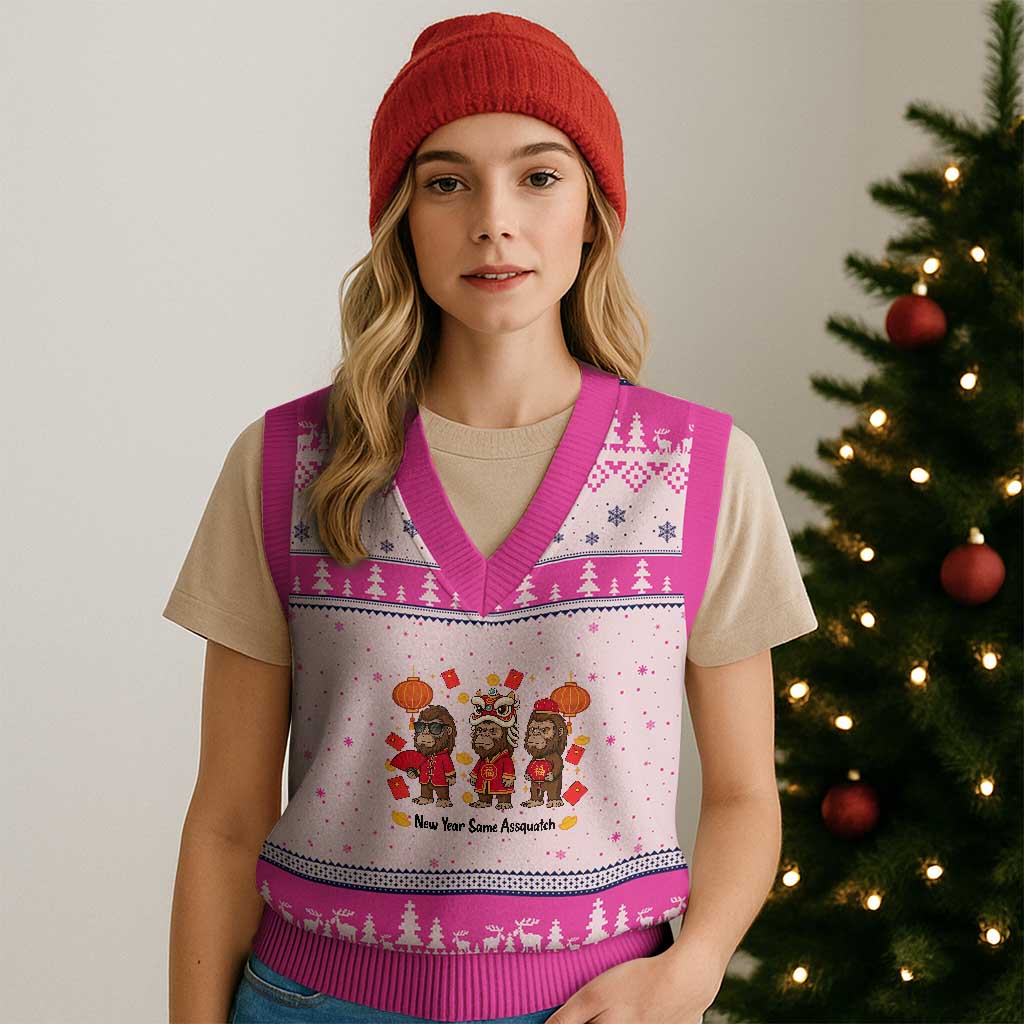 Funny New Year Same Assquatch V-Neck Knit Sweater Vest Bigfoot Lover - Wonder Print Shop