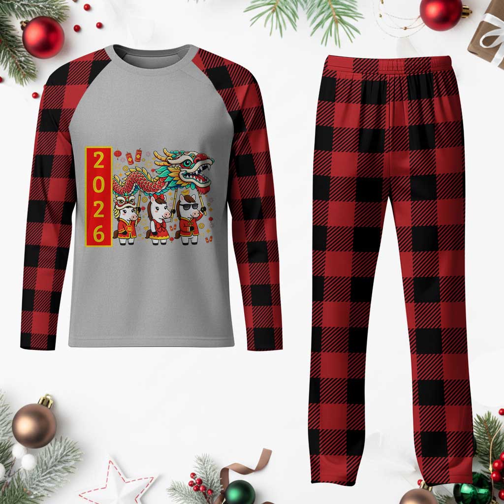 Cute Horse Dragon Dance Plaid Pajama Set Lunar New Year - Wonder Print Shop