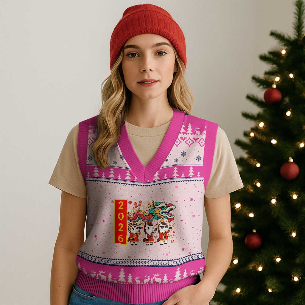 Cute Horse Dragon Dance V-Neck Knit Sweater Vest Lunar New Year - Wonder Print Shop
