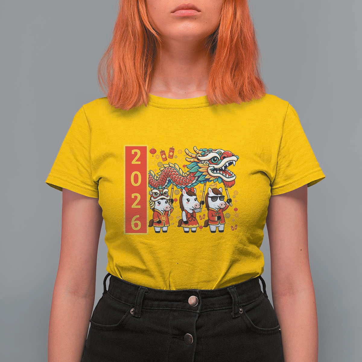Cute Horse Dragon Dance T Shirt For Women Lunar New Year - Wonder Print Shop