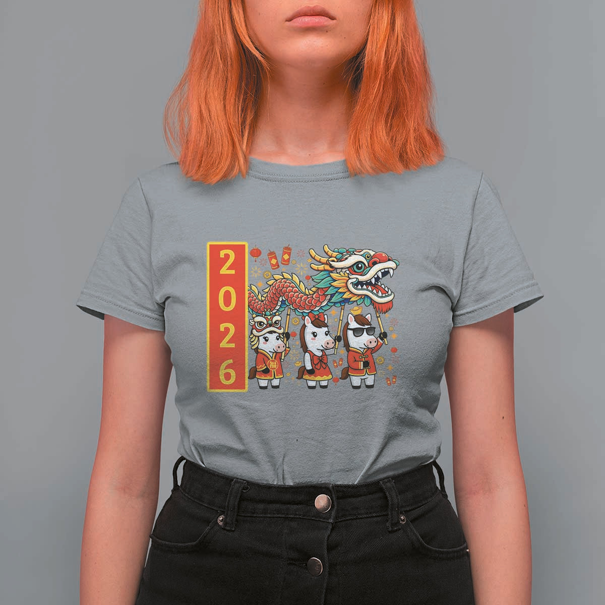 Cute Horse Dragon Dance T Shirt For Women Lunar New Year - Wonder Print Shop