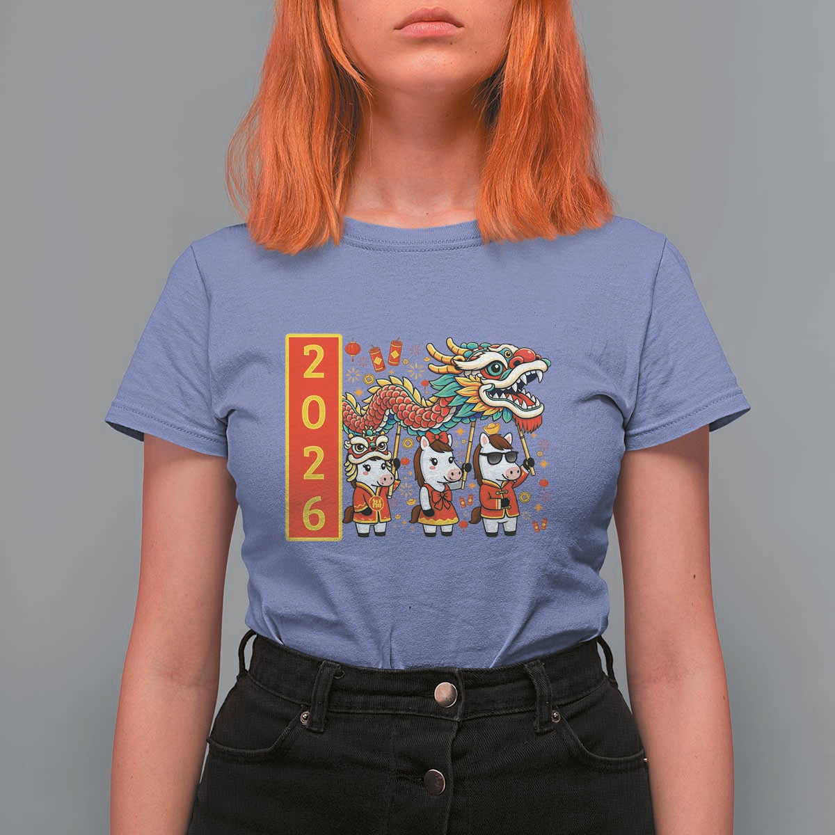 Cute Horse Dragon Dance T Shirt For Women Lunar New Year - Wonder Print Shop