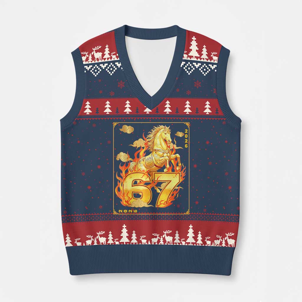 Funny Horse Six Seven Meme V-Neck Knit Sweater Vest Happy Lunar New Year - Wonder Print Shop