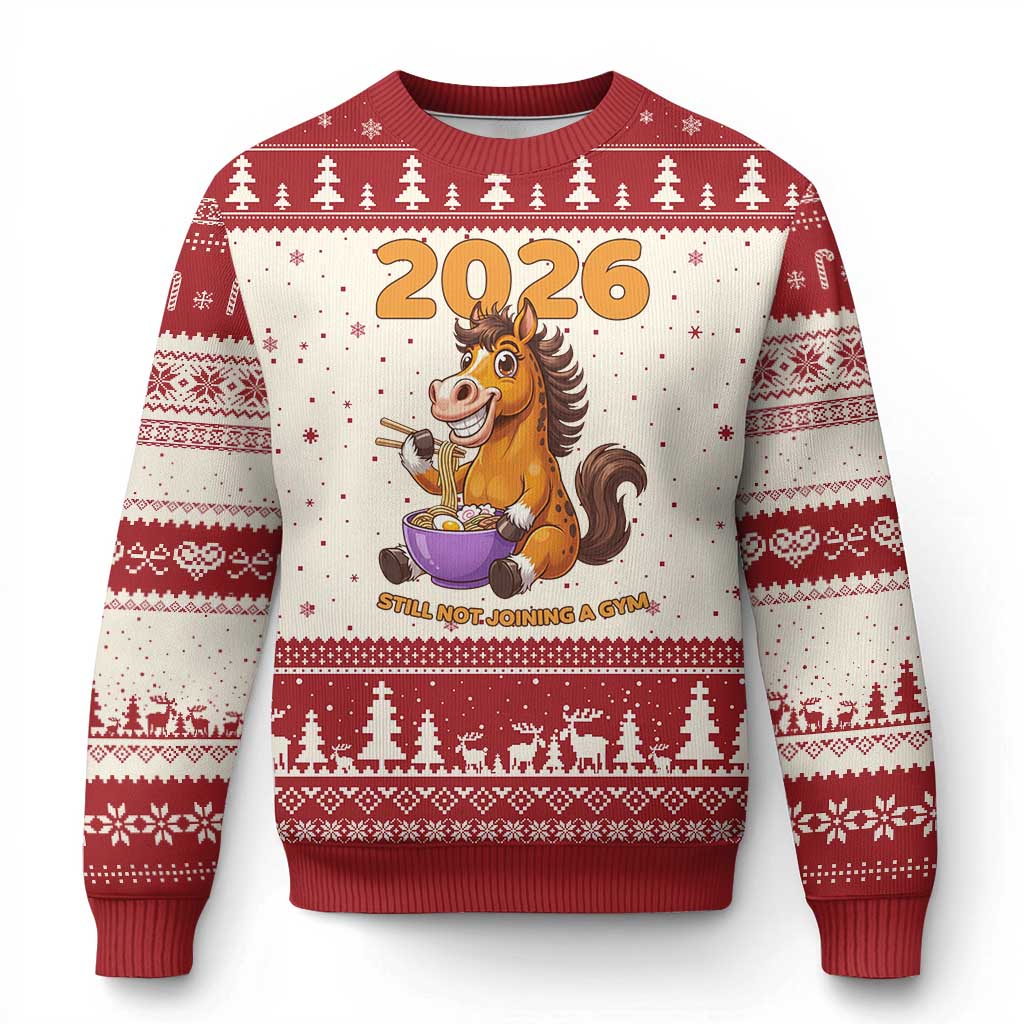 Still Not Joining A Gym Lunar New Year Ugly Christmas Sweater Funny Horse Eating Ramen - Wonder Print Shop