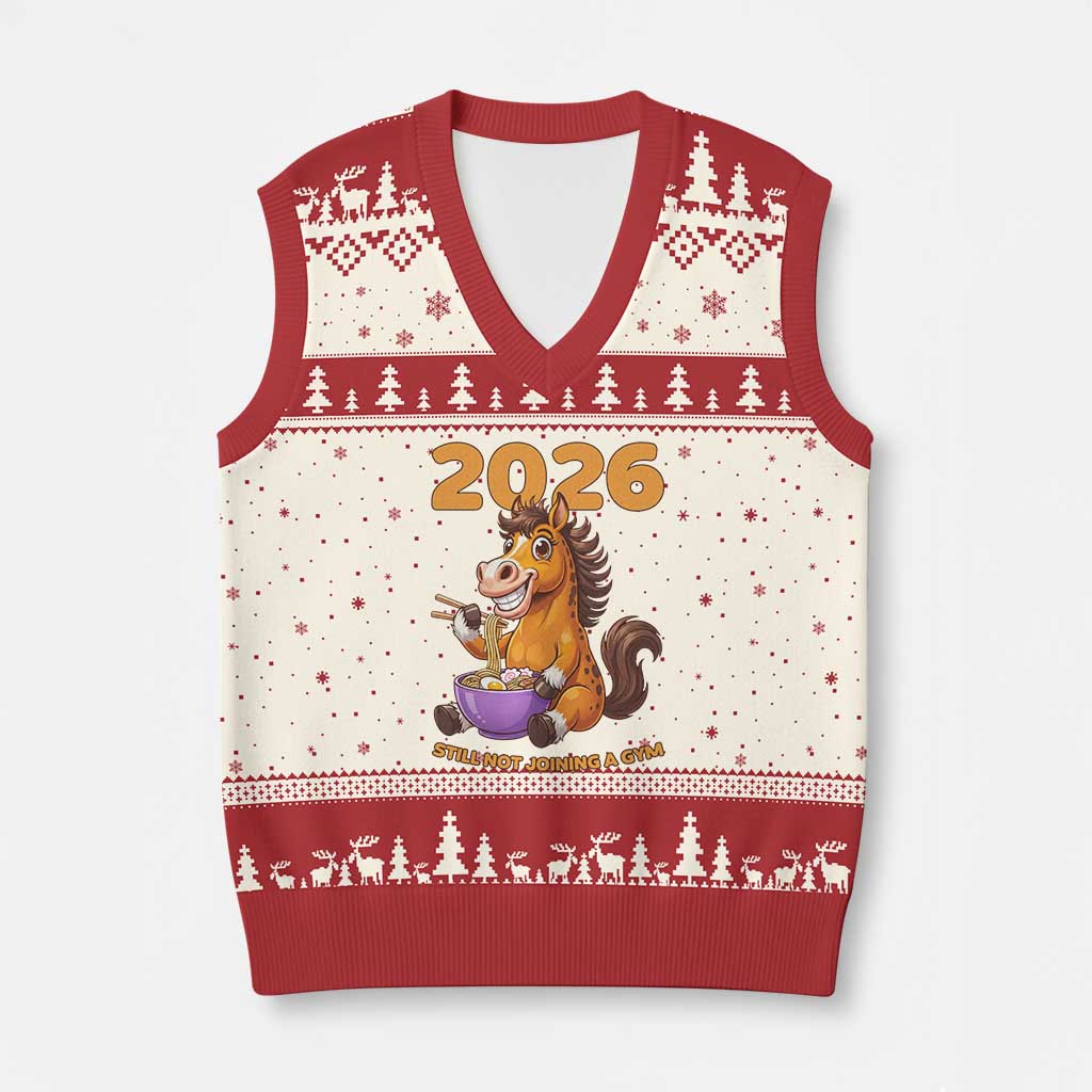 Still Not Joining A Gym Lunar New Year V-Neck Knit Sweater Vest Funny Horse Eating Ramen - Wonder Print Shop