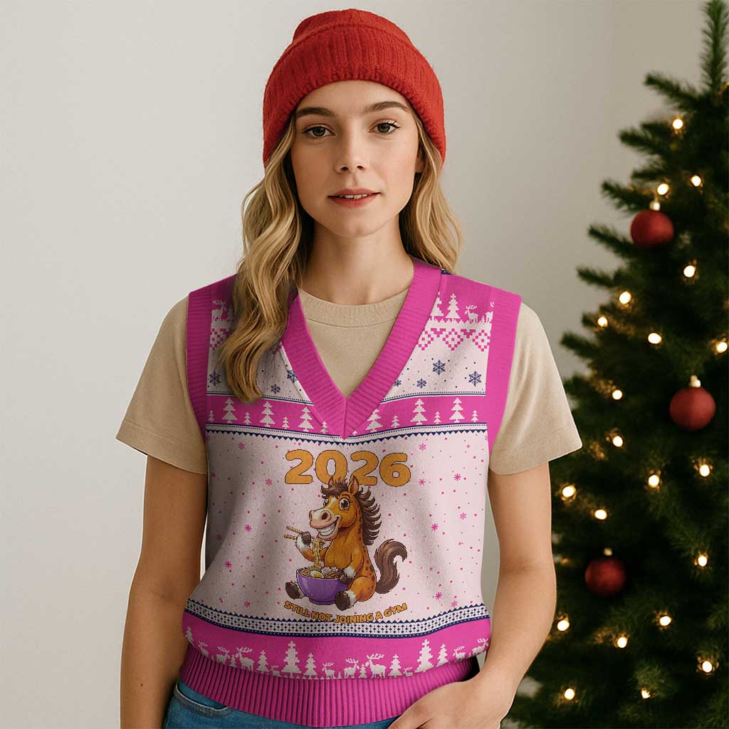 Still Not Joining A Gym Lunar New Year V-Neck Knit Sweater Vest Funny Horse Eating Ramen - Wonder Print Shop