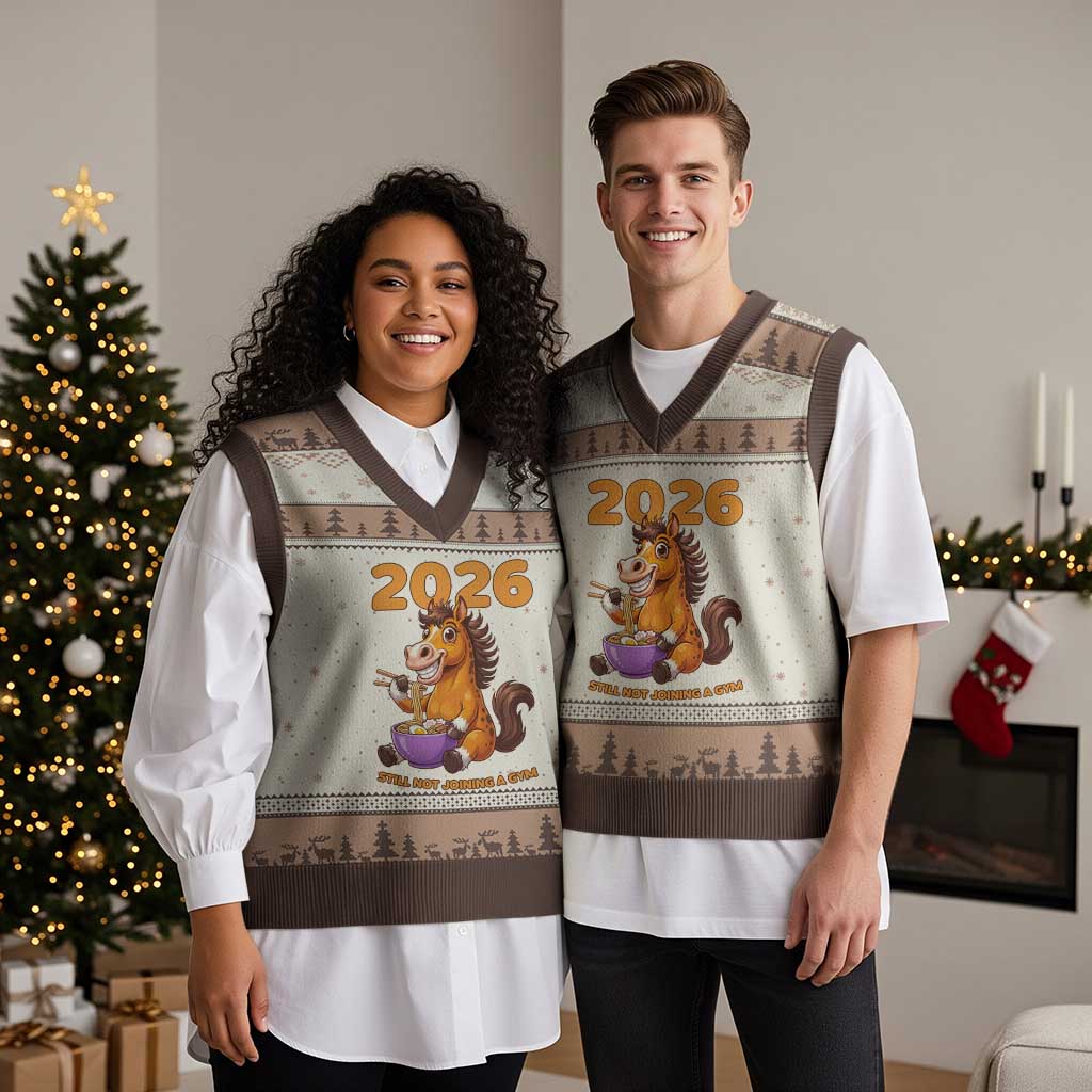 Still Not Joining A Gym Lunar New Year V-Neck Knit Sweater Vest Funny Horse Eating Ramen - Wonder Print Shop