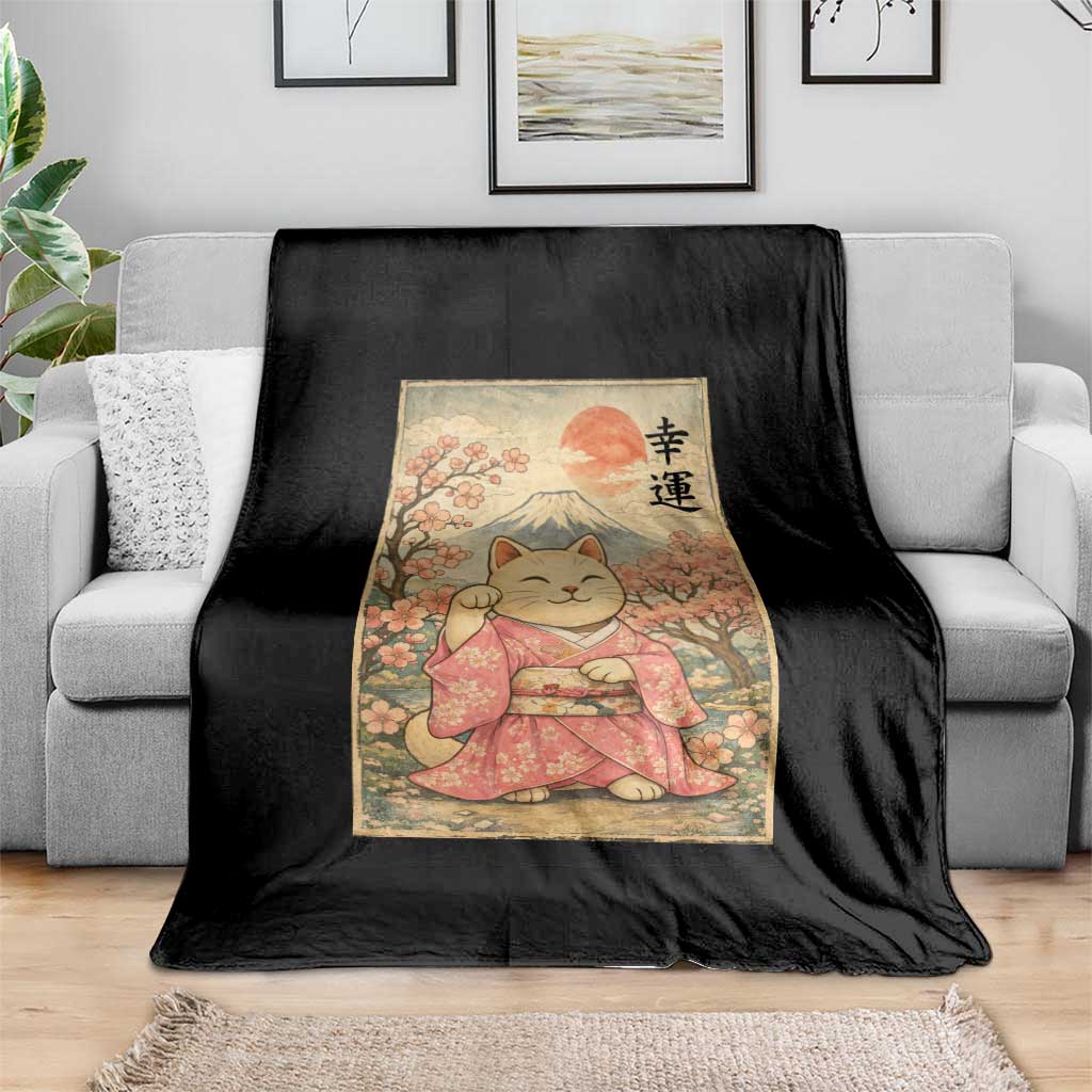 Japanese Anime Maneki Neko Throw Blanket Kawaii Waving Cat Good Luck Kanji - Wonder Print Shop