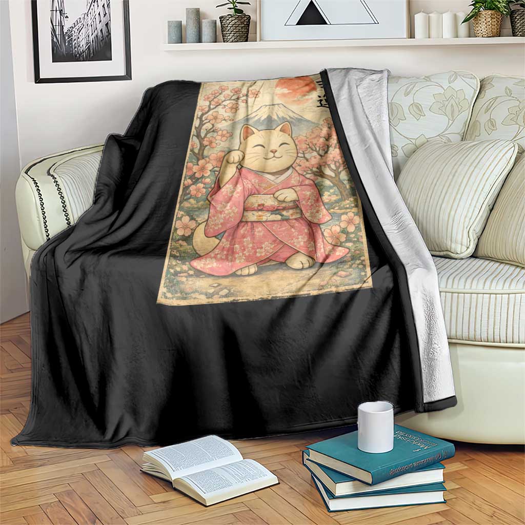 Japanese Anime Maneki Neko Throw Blanket Kawaii Waving Cat Good Luck Kanji - Wonder Print Shop
