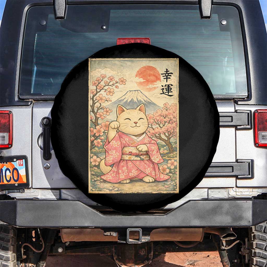 Japanese Anime Maneki Neko Spare Tire Cover Kawaii Waving Cat Good Luck Kanji - Wonder Print Shop