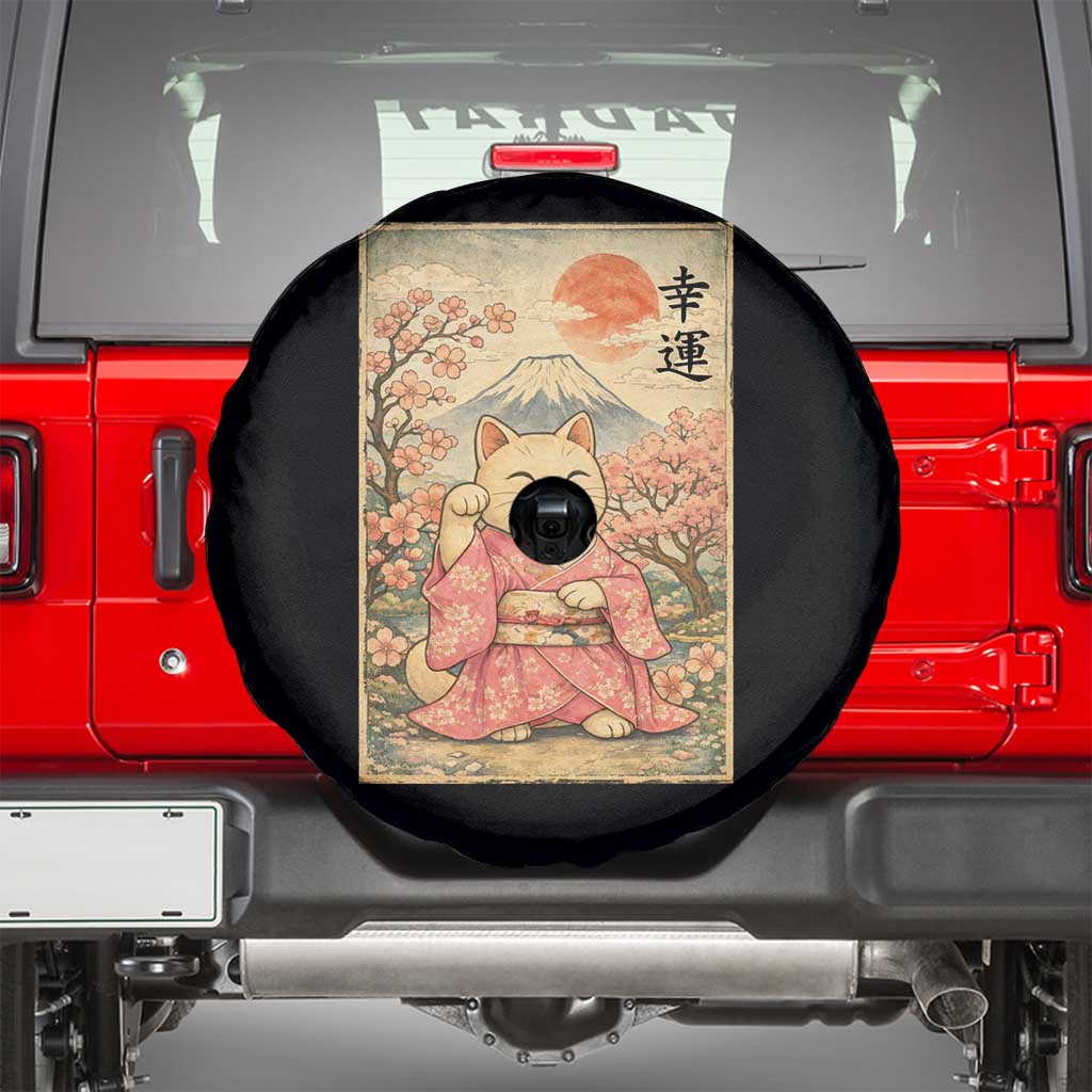 Japanese Anime Maneki Neko Spare Tire Cover Kawaii Waving Cat Good Luck Kanji - Wonder Print Shop