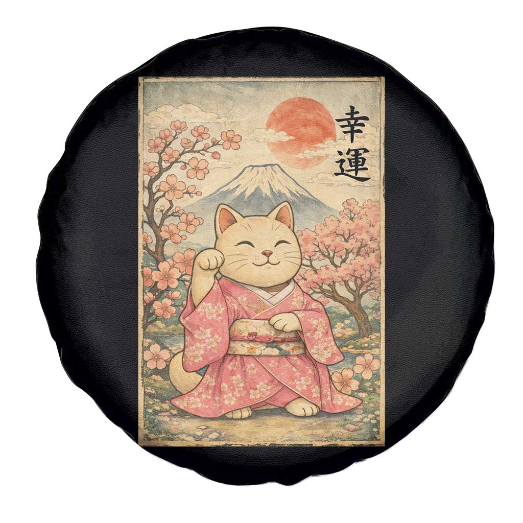 Japanese Anime Maneki Neko Spare Tire Cover Kawaii Waving Cat Good Luck Kanji - Wonder Print Shop