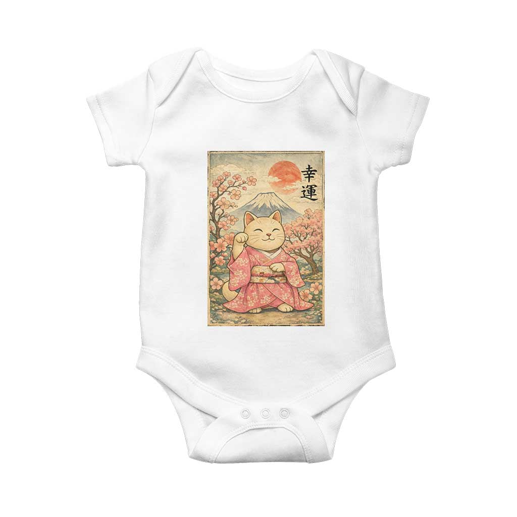 Japanese Anime Maneki Neko Baby Onesie Kawaii Waving Cat Good Luck Kanji - Wonder Print Shop