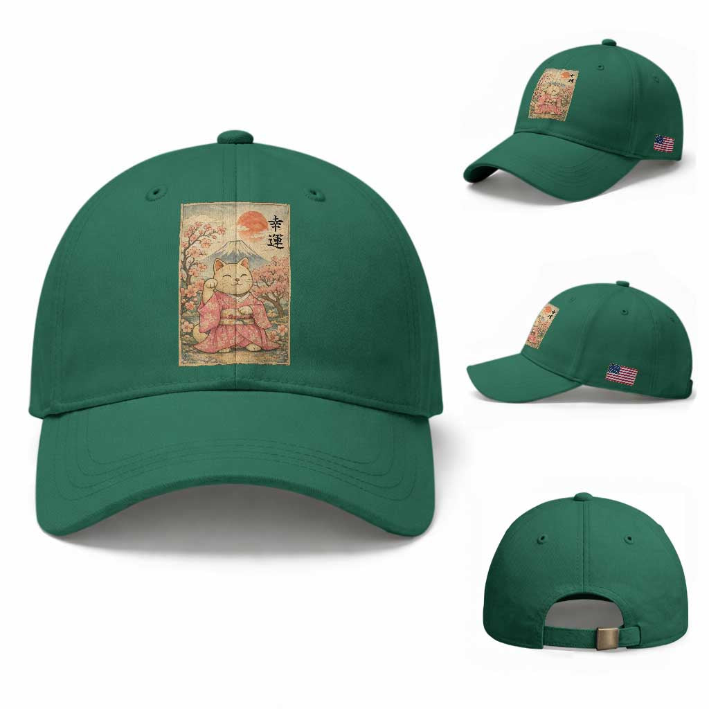 Japanese Anime Maneki Neko Baseball Cap Kawaii Waving Cat Good Luck Kanji