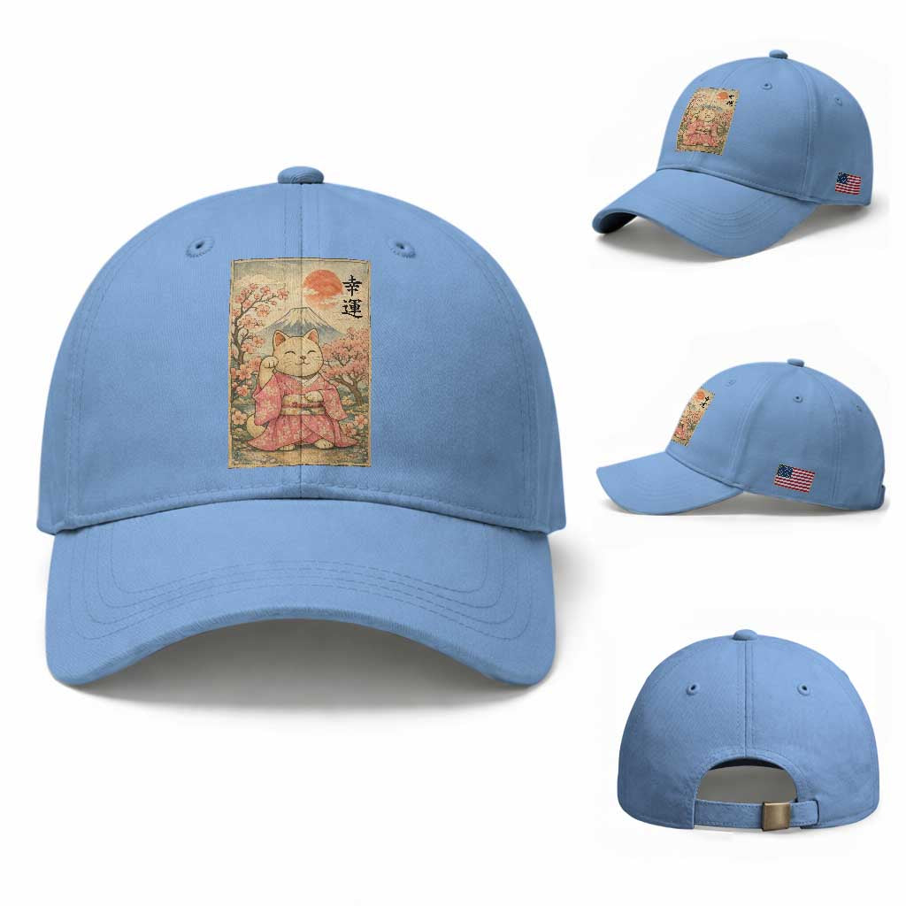 Japanese Anime Maneki Neko Baseball Cap Kawaii Waving Cat Good Luck Kanji