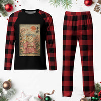 Japanese Anime Maneki Neko Plaid Pajama Set Kawaii Waving Cat Good Luck Kanji - Wonder Print Shop