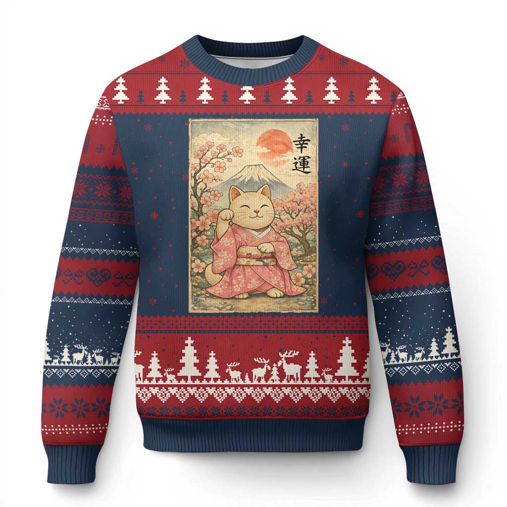 Japanese Anime Maneki Neko Ugly Christmas Sweater Kawaii Waving Cat Good Luck Kanji - Wonder Print Shop