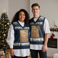 Japanese Anime Maneki Neko V-Neck Knit Sweater Vest Kawaii Waving Cat Good Luck Kanji - Wonder Print Shop
