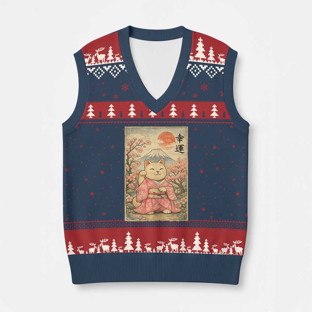 Japanese Anime Maneki Neko V-Neck Knit Sweater Vest Kawaii Waving Cat Good Luck Kanji - Wonder Print Shop
