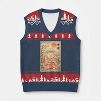Japanese Anime Maneki Neko V-Neck Knit Sweater Vest Kawaii Waving Cat Good Luck Kanji - Wonder Print Shop