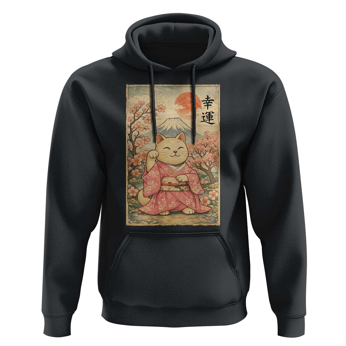Japanese Anime Maneki Neko Hoodie Kawaii Waving Cat Good Luck Kanji - Wonder Print Shop