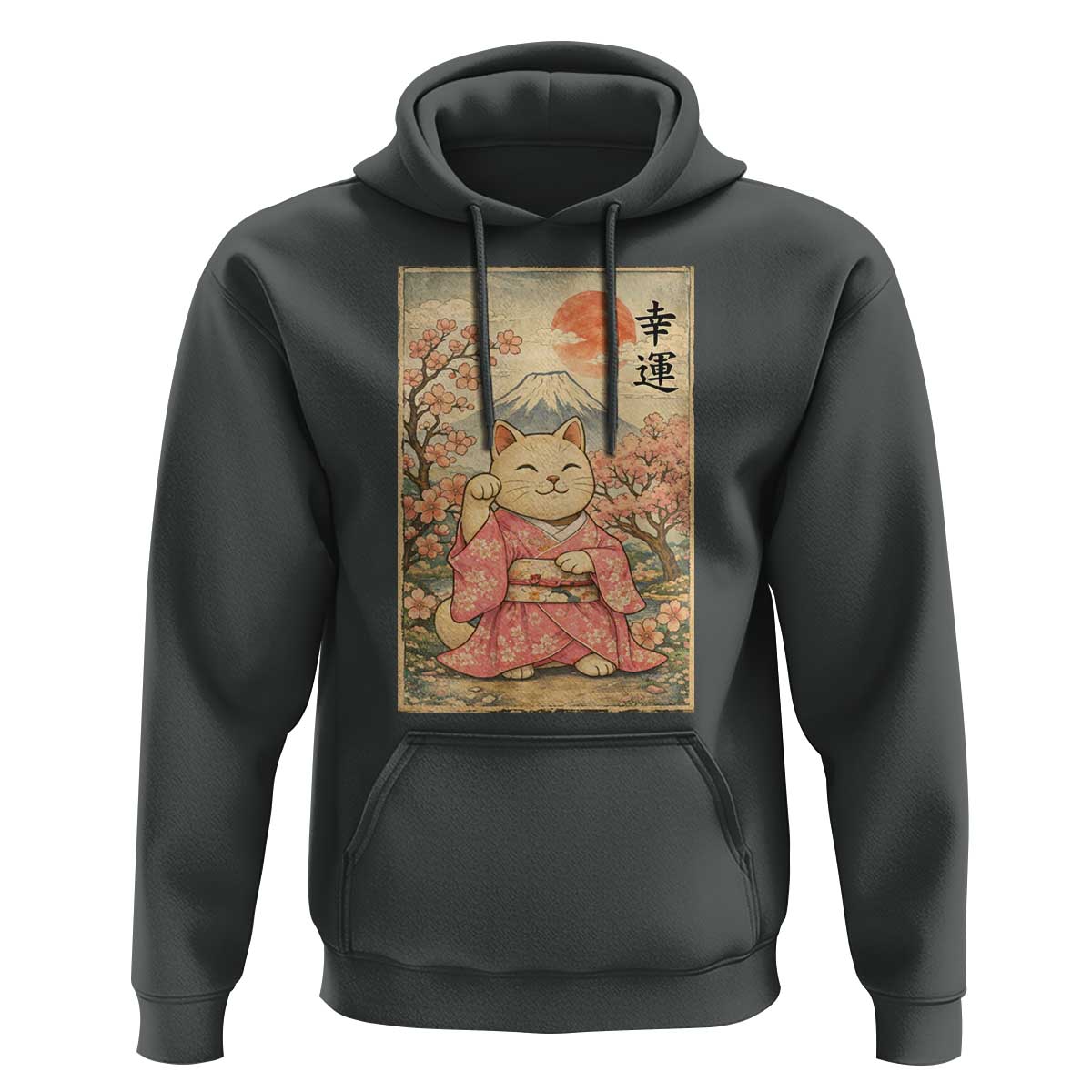 Japanese Anime Maneki Neko Hoodie Kawaii Waving Cat Good Luck Kanji - Wonder Print Shop