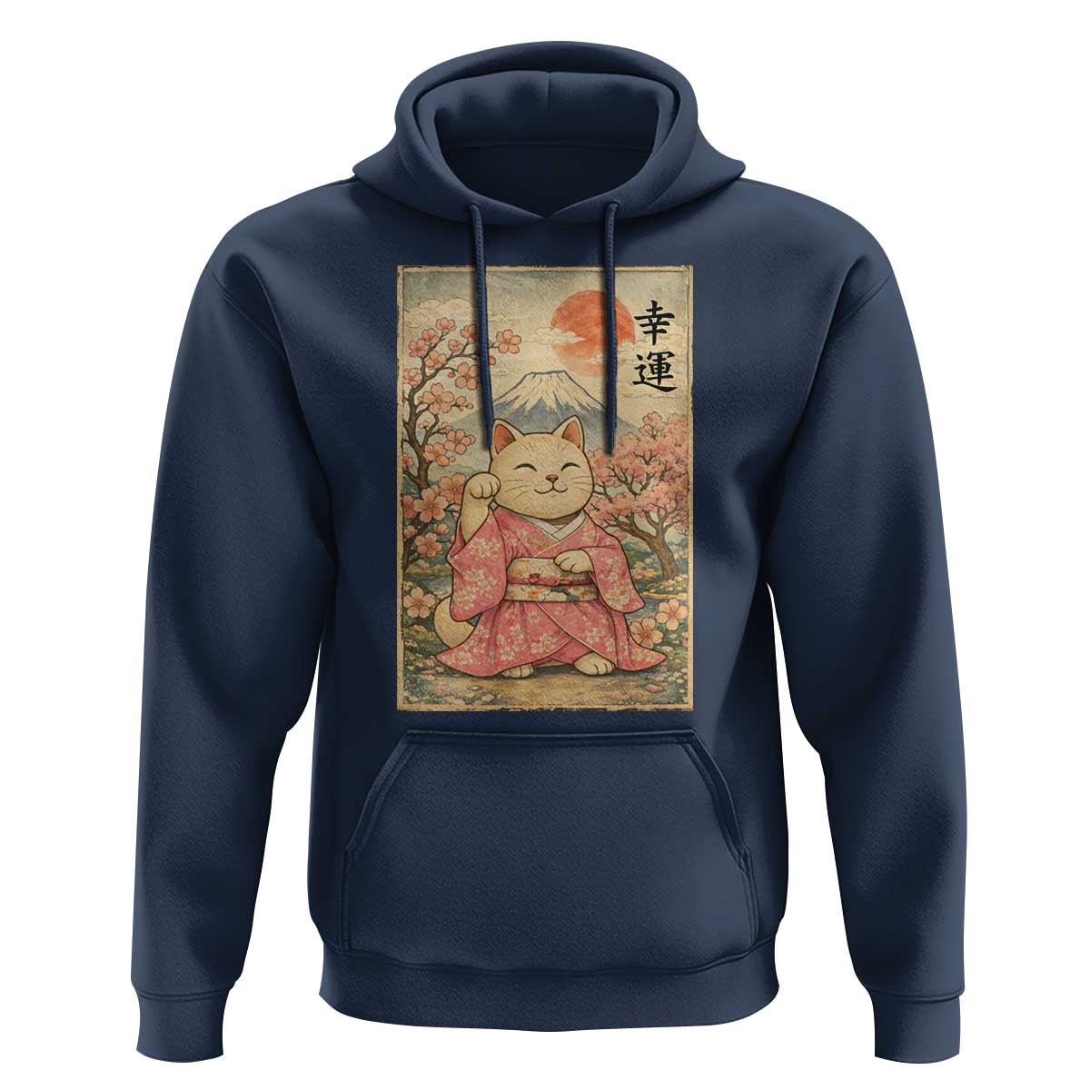 Japanese Anime Maneki Neko Hoodie Kawaii Waving Cat Good Luck Kanji - Wonder Print Shop