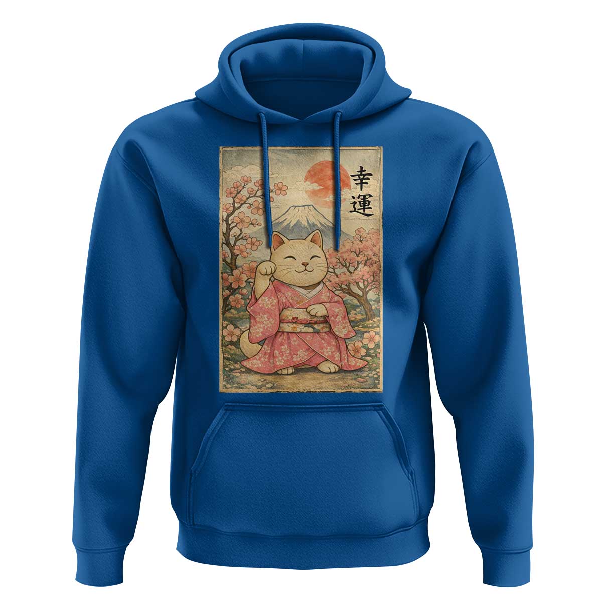 Japanese Anime Maneki Neko Hoodie Kawaii Waving Cat Good Luck Kanji - Wonder Print Shop