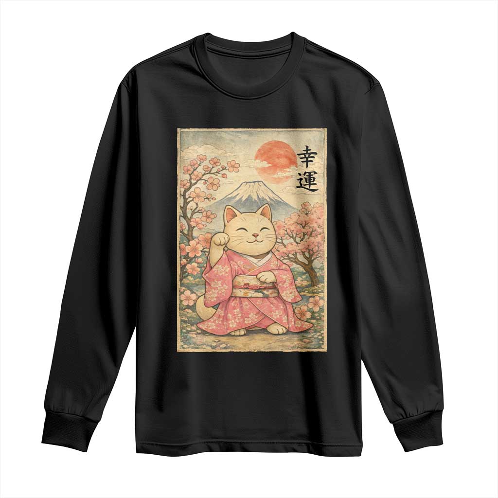 Japanese Anime Maneki Neko Long Sleeve Shirt Kawaii Waving Cat Good Luck Kanji - Wonder Print Shop