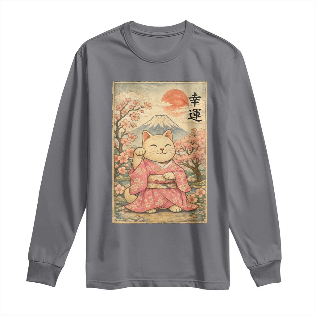 Japanese Anime Maneki Neko Long Sleeve Shirt Kawaii Waving Cat Good Luck Kanji - Wonder Print Shop