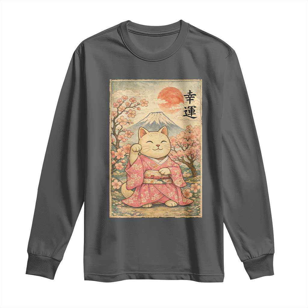 Japanese Anime Maneki Neko Long Sleeve Shirt Kawaii Waving Cat Good Luck Kanji - Wonder Print Shop