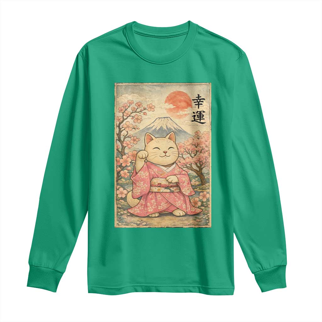 Japanese Anime Maneki Neko Long Sleeve Shirt Kawaii Waving Cat Good Luck Kanji - Wonder Print Shop
