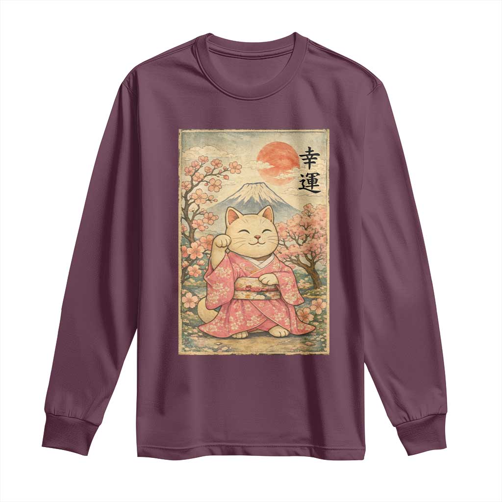 Japanese Anime Maneki Neko Long Sleeve Shirt Kawaii Waving Cat Good Luck Kanji - Wonder Print Shop