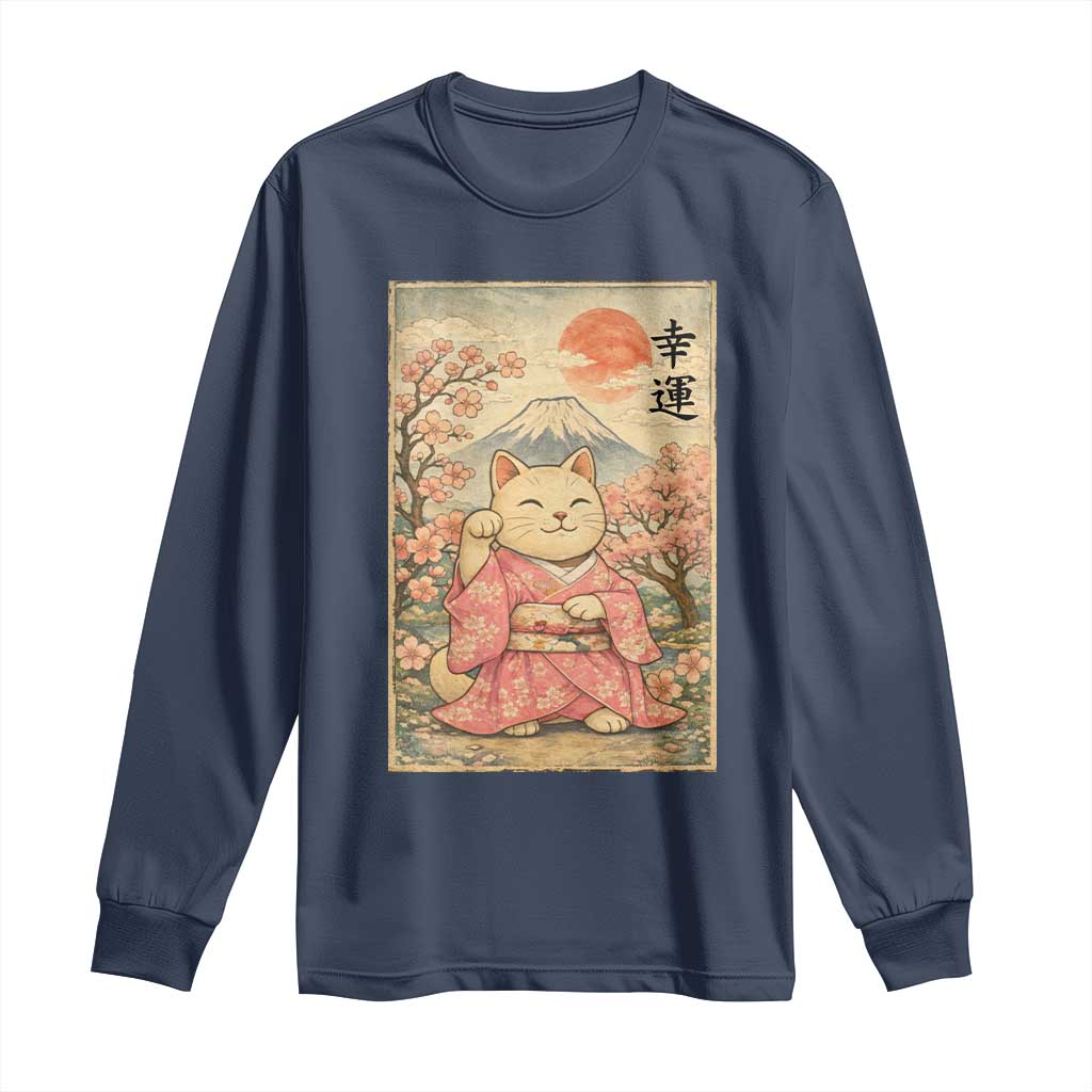 Japanese Anime Maneki Neko Long Sleeve Shirt Kawaii Waving Cat Good Luck Kanji - Wonder Print Shop