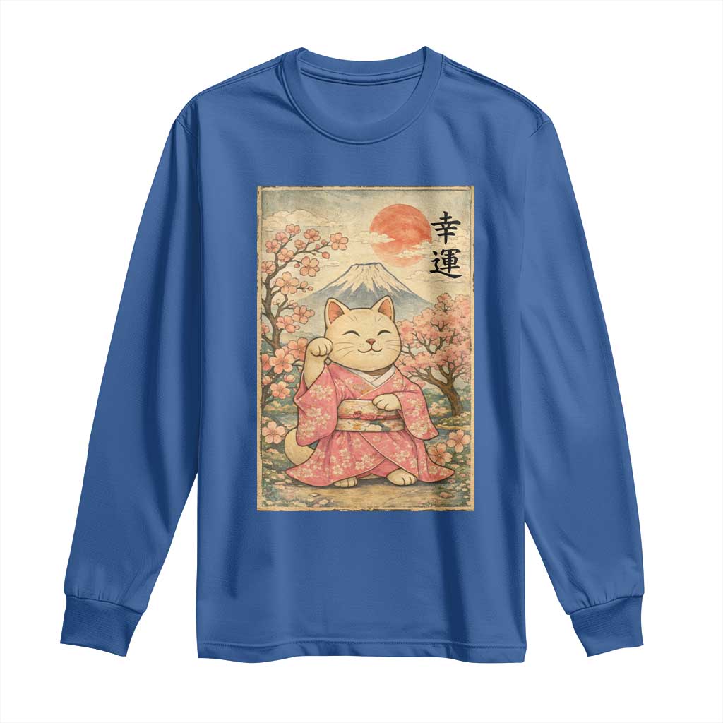 Japanese Anime Maneki Neko Long Sleeve Shirt Kawaii Waving Cat Good Luck Kanji - Wonder Print Shop